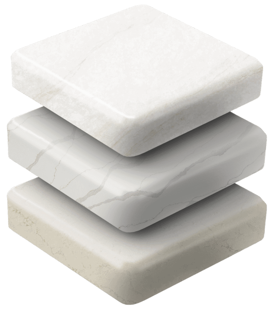 Three square slabs of stone with rounded edges are stacked, each featuring a different light-colored, marble-like pattern.